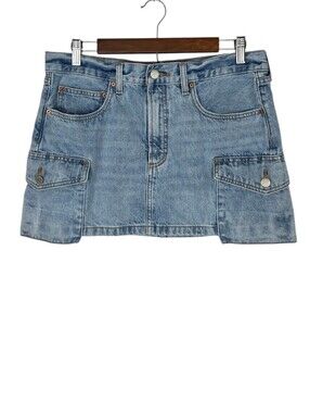 Denim Forum The 90s Mid Rise Cargo Utility Mini Skirt Light Cotton Denim Size 30